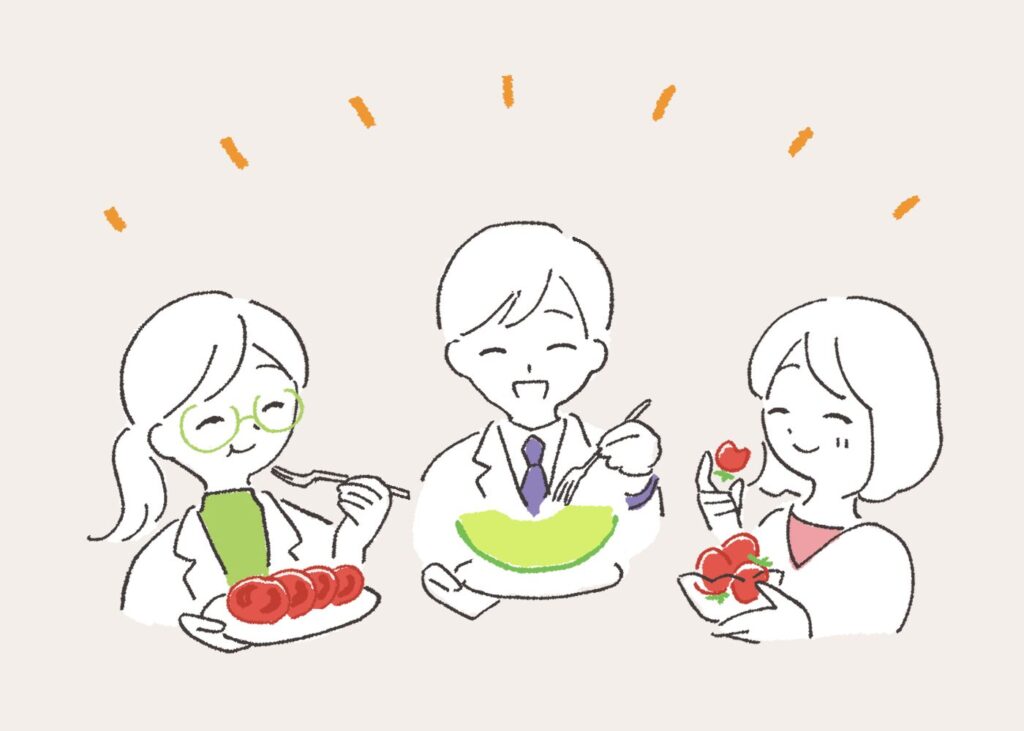 トマト・メロン・イチゴをみんなで楽しく食べるイラスト
