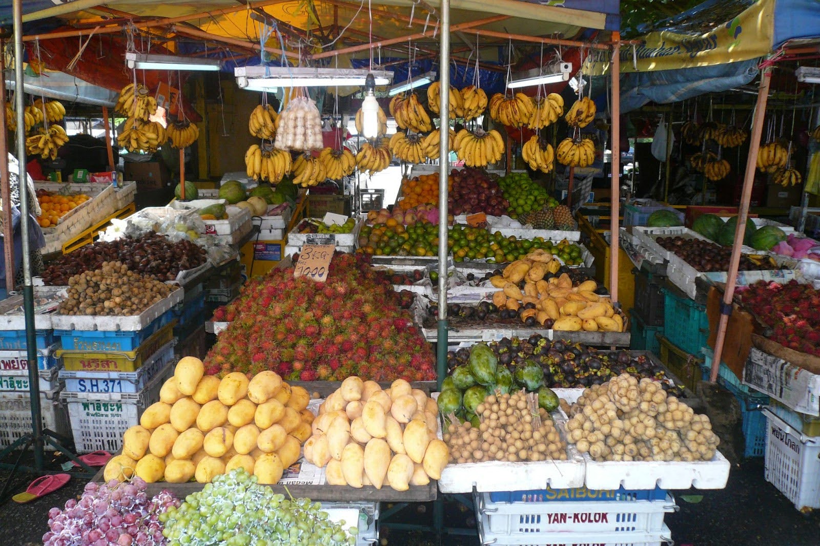 フルーツマーケットでたくさんのフルーツが並んでいる様子（マレーシア）