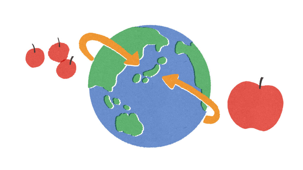 2つの経路を辿ってやってきたリンゴのイラスト